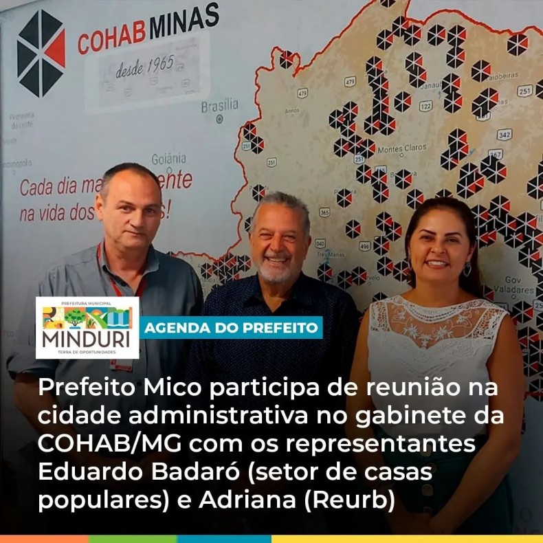 AGENDA DO PREFEITO – Prefeito Mico participa de reunião na cidade administrativa no gabinete da COHAB/MG com os representantes Eduardo Badaró (setor de casas populares) e Adriana (Reurb).