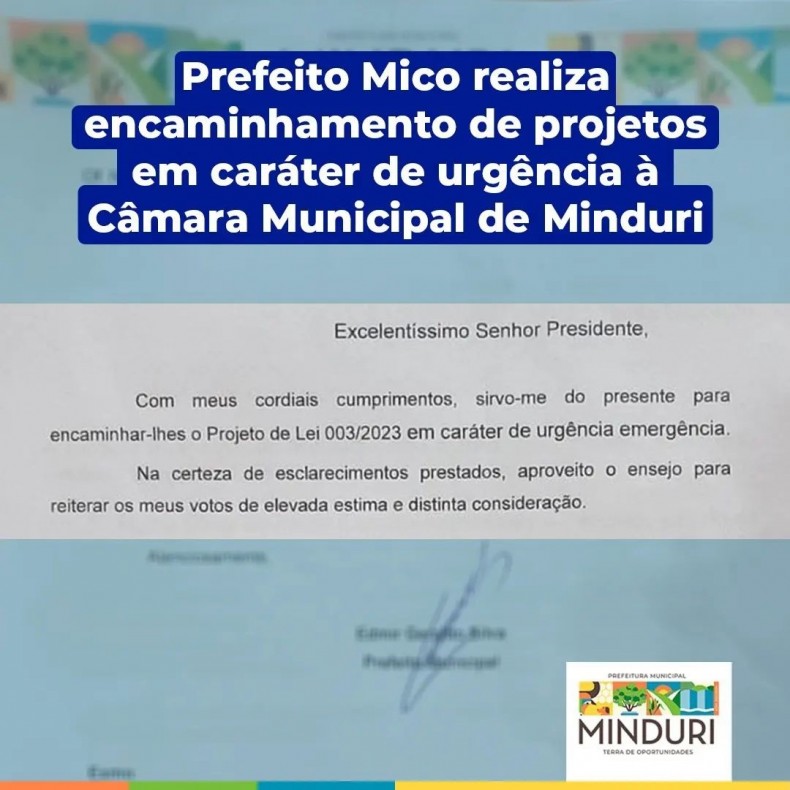 Prefeito Mico realiza encaminhamento de projetos de lei em caráter de urgência emergência à Câmara Municipal de Minduri.