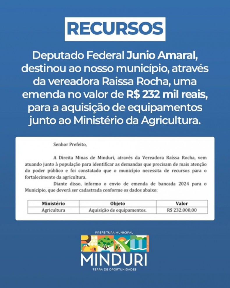 RECURSOS – Deputado Federal Junio Amaral, destinou ao nosso município, através da vereadora Raissa Rocha, uma emenda no valor de R$ 232 mil reais, para aquisição de equipamentos junto ao Ministério da Agricultura.